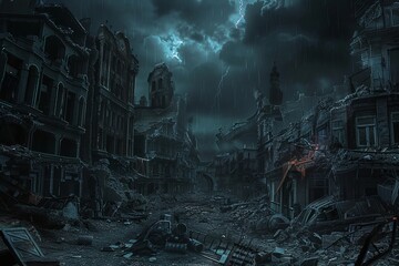 Dark fantasy cityscape of an apocalyptic world, ruins and rubble under the dark sky, eerie lights on destroyed buildings, desolate streets with broken objects scattered around - obrazy, fototapety, plakaty