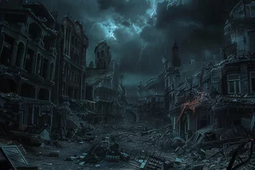 Foto op Plexiglas Dark fantasy cityscape of an apocalyptic world, ruins and rubble under the dark sky, eerie lights on destroyed buildings, desolate streets with broken objects scattered around © LadiesWin