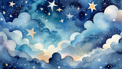 pattern with watercolor clouds in shades of blue, stars and constellations