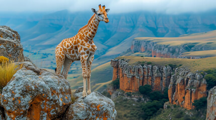 Giraffe in the Mountain - obrazy, fototapety, plakaty