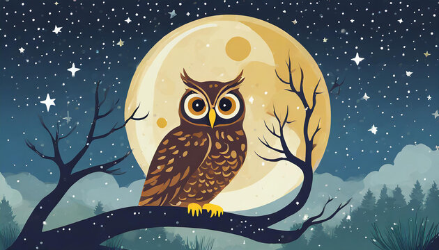 owl perched on a branch, gazing at starlit sky and moon in the night