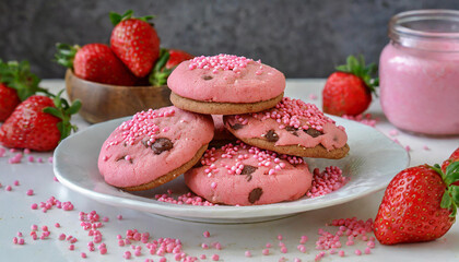 plate of pink chocolate chip cookies with pink sprinkles on a white plate with strawberries in the background.