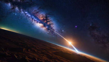 Rocket spaceship shuttle launch with bright space nebula sky with bright rocket trail of fire and smoke