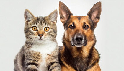 Portrait of Happy dog and cat that looking at the camera together isolated on white background, friendship between dog and cat, amazing friendliness of the pets - obrazy, fototapety, plakaty