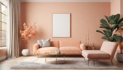 premium livingroom. Painted mockup wall for art - peach pastel apricot warm colour. Modern room...