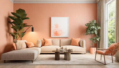 premium livingroom. Painted mockup wall for art - peach pastel apricot warm colour. Modern room design interior