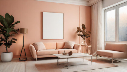 premium livingroom. Painted mockup wall for art - peach pastel apricot warm colour. Modern room design interior