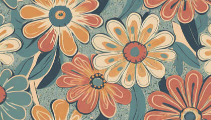 Fototapeta na wymiar Retro vibes bloom in this HD-captured vintage 70s style floral artwork, embodying a groovy and colorful pastel nostalgia. Seamless vector background.