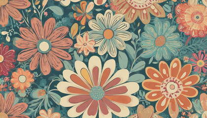 Fototapeta na wymiar Retro vibes bloom in this HD-captured vintage 70s style floral artwork, embodying a groovy and colorful pastel nostalgia. Seamless vector background.