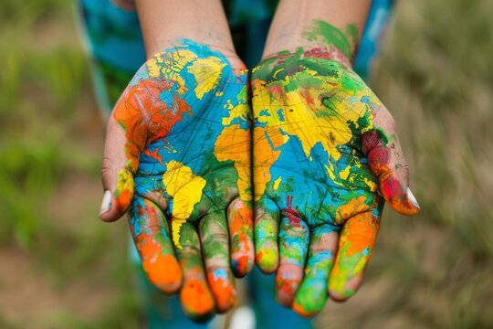 Female hands with colorful world map painted on them, showing global care and environmental protection concept, outdoors, closeup view. stock photo contest winner, professional photography