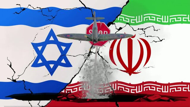 4K Israel vs Iran Stop War, Dispute between Israel and Iran. Tensions between Israel and Iran. Israeli and Iranian flag facing each war conflict flag waving video.
