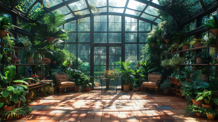 Tropical Twilight.  Inside an Elegant Glasshouse Conservatory