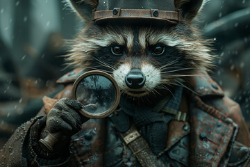 A curious raccoon donning a detective's hat and magnifying glass, searching for hidden treasures and solving mysteries in the depths of a dark and mysterious forest.  Generative Ai.