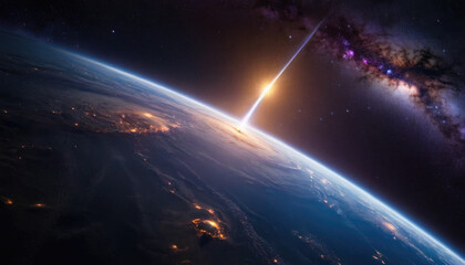 Rocket spaceship shuttle launch with bright space nebula sky with bright rocket trail of fire and smoke