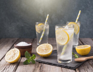 Fototapeta premium Soda water with lemon slices on wooden table; refreshing drink