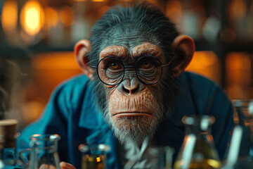 Obraz premium A curious monkey dressed in a scientist's lab coat, conducting experiments and making discoveries in a bustling laboratory filled with bubbling beakers and scientific equipment. Generative Ai.