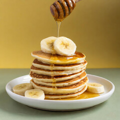 stack of pancakes with banana and honey drizzled on top, with a white plate underneath against an isolated pastel yellow background