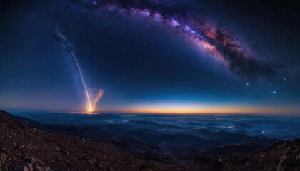 Rocket spaceship shuttle launch with bright space nebula sky with bright rocket trail of fire and smoke