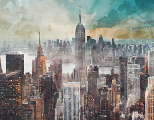 Statue of Liberty and New York, cityscape double exposure contemporary style minimalist artwork collage illustration.