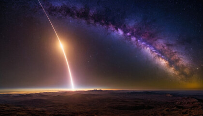 Rocket spaceship shuttle launch with bright space nebula sky with bright rocket trail of fire and smoke