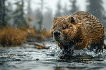 Obraz premium A diligent beaver constructing a dam on a rushing river, tirelessly hauling logs and mud to shape the landscape and create a habitat for its family. Generative Ai.
