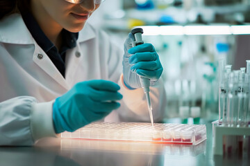 Generative AI illustration of close-up of a meticulous female scientist pipetting a red solution into a multi-well plate in a modern laboratory