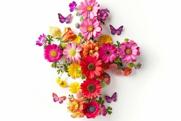 Floral cross with colorful flowers and butterflies isolated on a white background, space for text, top view, 3D rendering illustration design, closeup shot from above, leaving room to copy the letter 