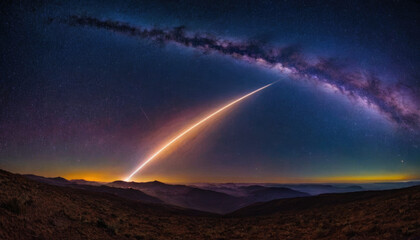 Rocket spaceship shuttle launch with bright space nebula sky with bright rocket trail of fire and smoke
