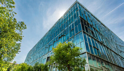 Sustainable green building. Eco-friendly building. Sustainable glass office building with tree for reducing carbon dioxide. Office with green environment. Corporate building