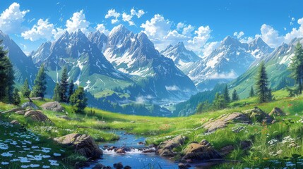 Naklejka na ściany i meble Idyllic mountain landscape with crystal clear stream and lush green meadows under a bright blue sky