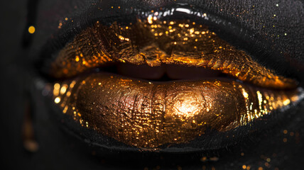 Golden Drips on Black Lips for an Enchanted Look