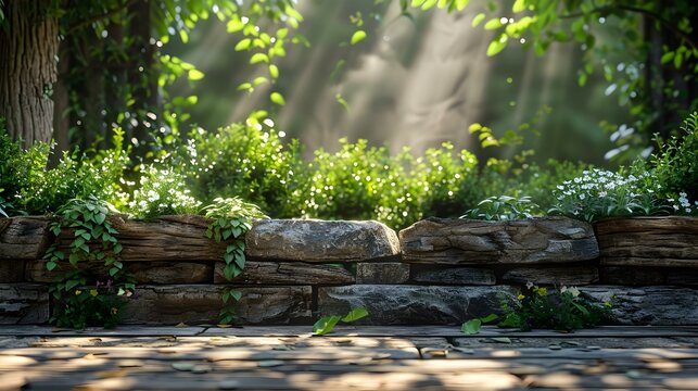 Serene Greenery on Sunlit Stone Wall. Concept Outdoor Photoshoot, Nature Photography, Sunlit Stone Wall, Greenery, Serenity