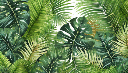 Fototapeta na wymiar tropical leaves background, monstera, palm tree, coconut and fern green