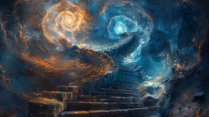 Ancient spiral staircase descending into a mysterious chamber - obrazy, fototapety, plakaty