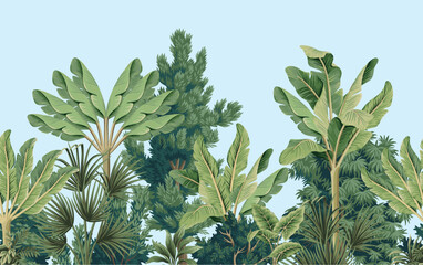 Tropical vintage botanical palm trees, banana tree, green plants floral seamless border blue background. Exotic jungle wallpaper.