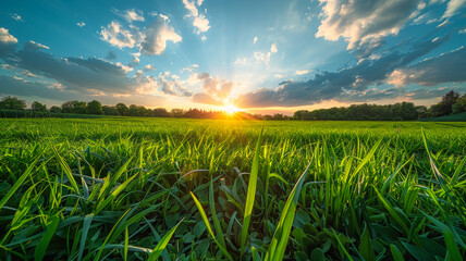 A Panoramic View of a Green Grass Meadow - obrazy, fototapety, plakaty