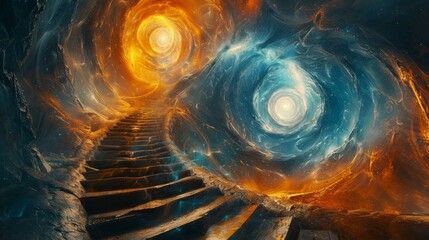 Ancient spiral staircase descending into a mysterious chamber - obrazy, fototapety, plakaty