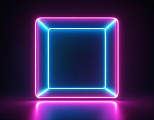 Vector 3d render, square glowing in the dark, pink blue neon light, illuminate frame design. Abstract cosmic vibrant color backdrop. Glowing neon light. Neon frame with rounded corners