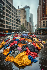 Generative AI illustration of piles of assorted clothes strewn across street on cloudy day hinting at the need for recycling and waste management - obrazy, fototapety, plakaty