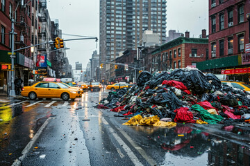 Generative AI illustration of Wet garments amassed on a rain soaked city street reflecting urban consumption and the necessity for recycling programs - obrazy, fototapety, plakaty