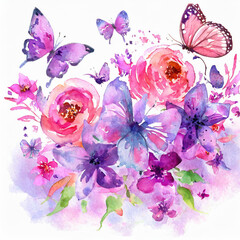 watercolor painting of purple and pink flowers and butterflies on a white background with a watercolor effect of pink and purple flowers and purple butterflies on a white background.