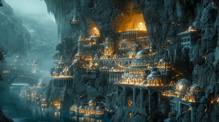 Majestic subterranean city carved into a cliff, glowing with lights under a twilight sky
