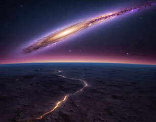 Rocket spaceship shuttle launch with bright space nebula sky with bright rocket trail of fire and smoke