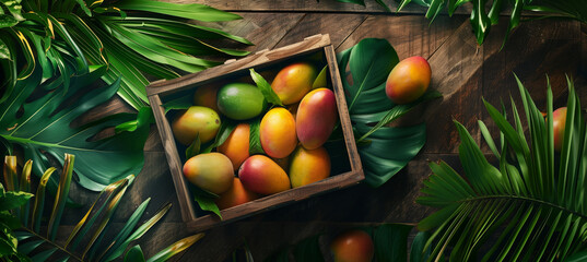 Ripe mangoes in wooden crates top view