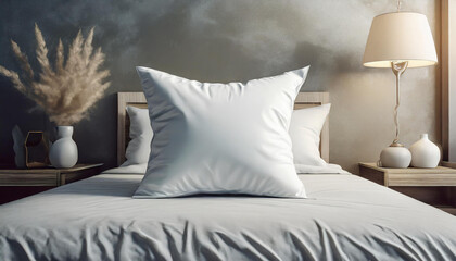 White pillow case mockup template. Blank soft pillow on the bed in bedroom