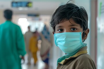 Fototapeta na wymiar Indian boy wearing a medical mask, looking at the camera in a hospital corridor with blurred doctors in the background. Close up portrait of a child patient with a face covering for protection
