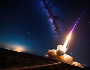 Rocket spaceship shuttle launch with bright space nebula sky with bright rocket trail of fire and smoke