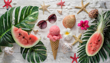 white wooden background with summer elements such as leaves, flowers and ice cream, palm trees, sunglasses, seashells, starfish, watermelon; place for text; flat lay