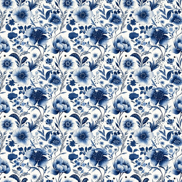 Seamless pattern with floral and botanical illustrations. The design with indigo blue and white linen print color