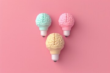 Three brains in pastel colors inside light bulbs, concept of creativity, idea, pink background. - obrazy, fototapety, plakaty
